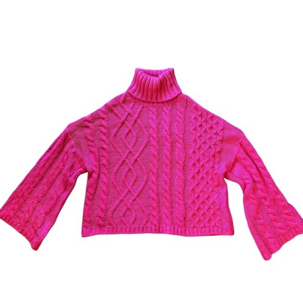 Judith March Hot Pink Cable Knit Turtleneck Cropped Sweater Whimsy Cottagecore